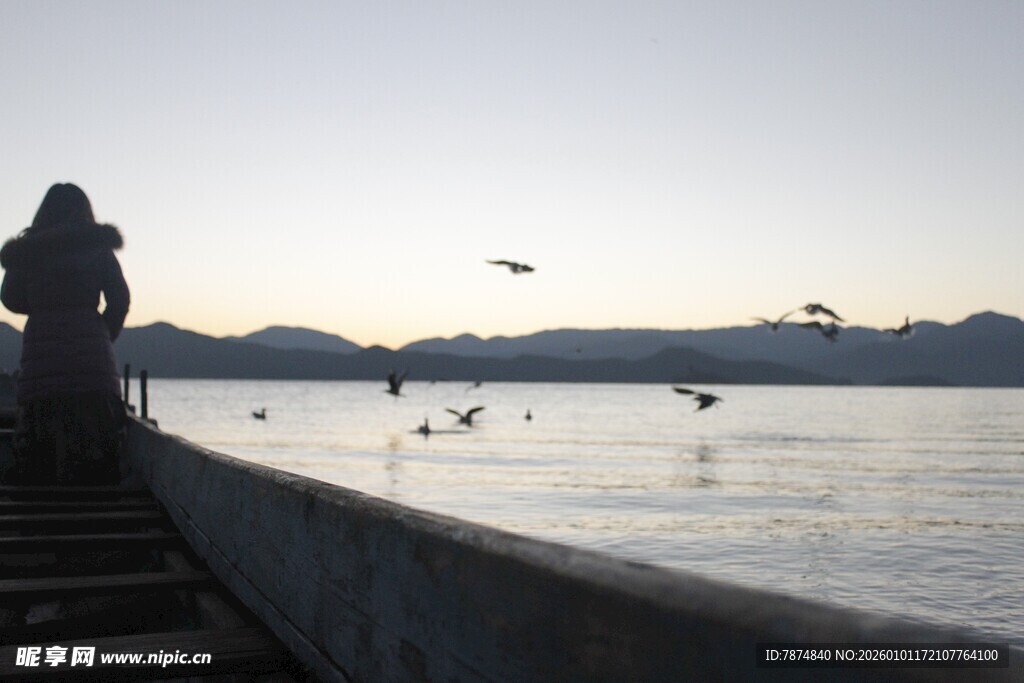 夕阳下岸边的观鸟人