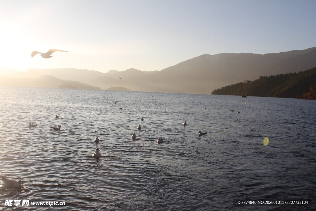 夕阳下波光粼粼的宁静湖面