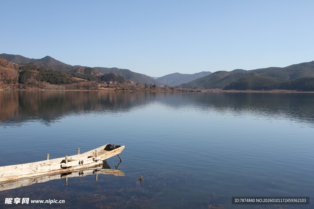 宁静湖面与岸边浮木景象