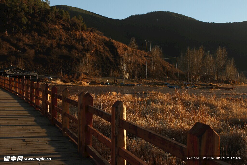 山间木栈道旁秋日风光