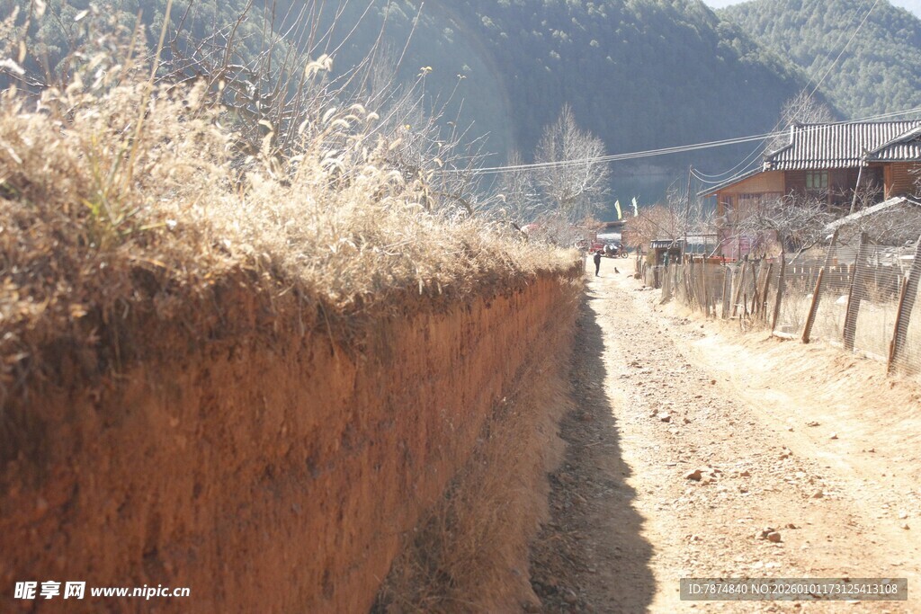 乡村土墙旁的宁静小道