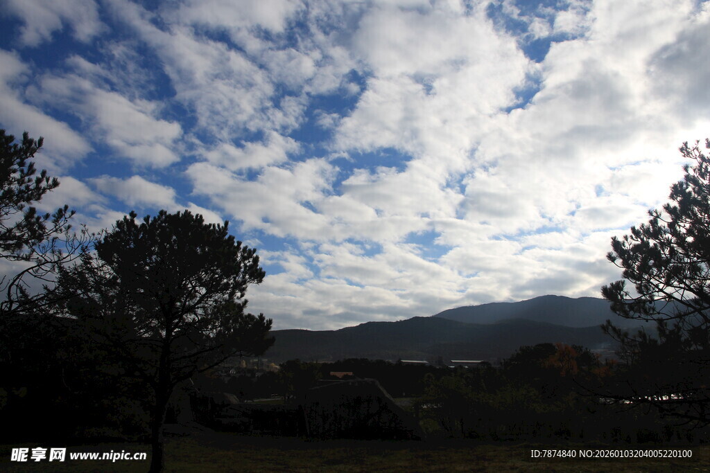 蓝天白云下的山林景致