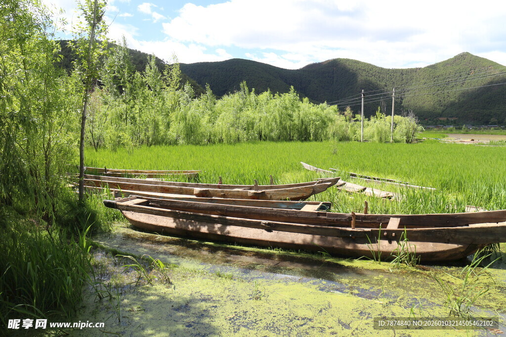 溪边木船与绿野风光