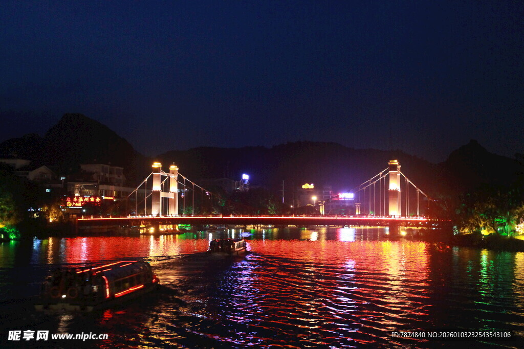 夜晚河畔绚丽灯光桥景
