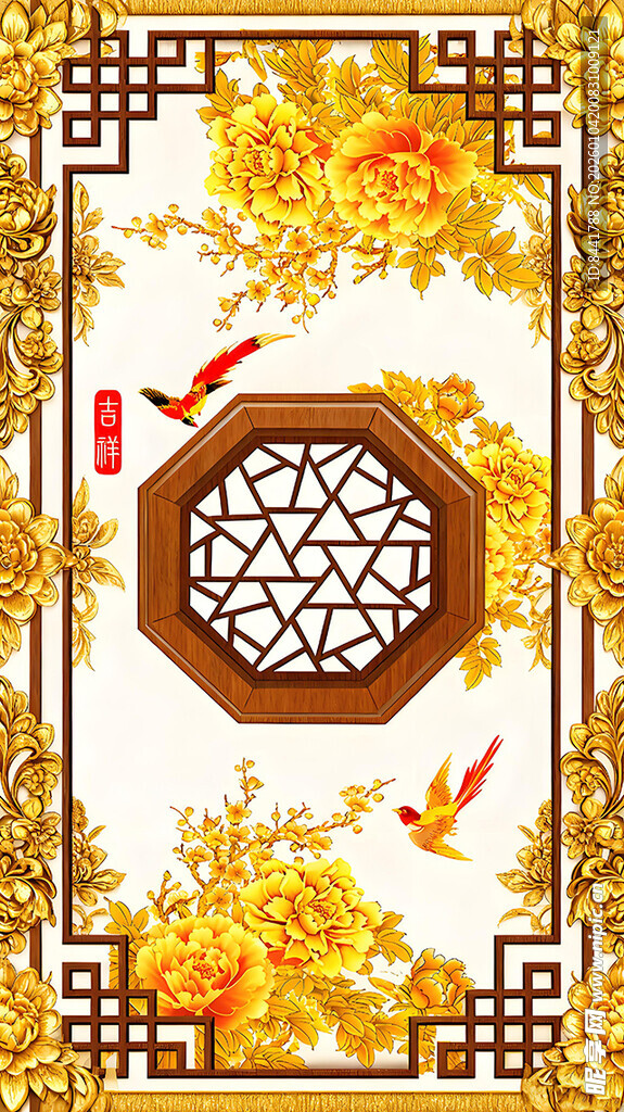 中式窗景下的金鱼与繁花