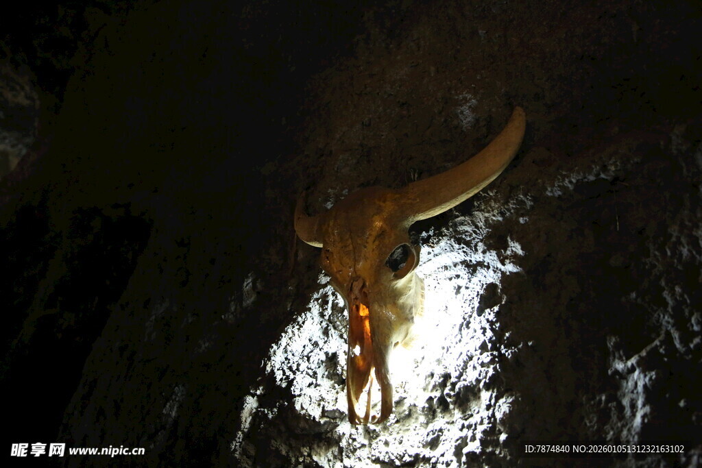 洞穴中悬挂的牛头