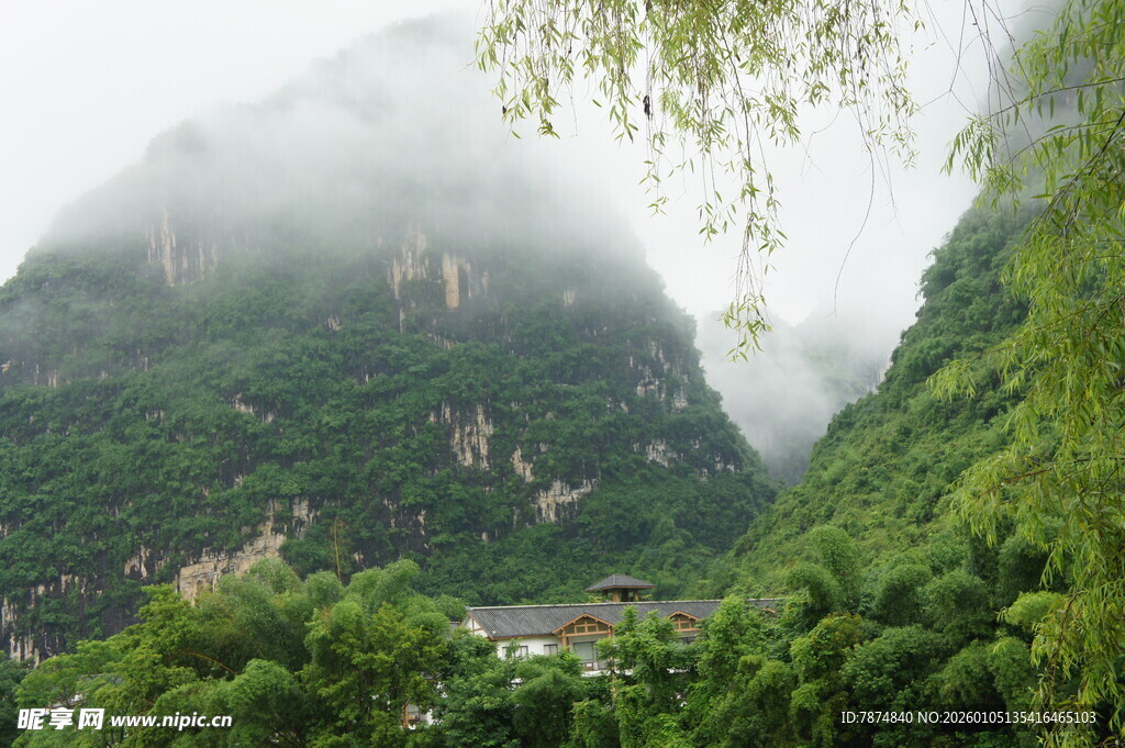 云雾缭绕的山间绿意景致