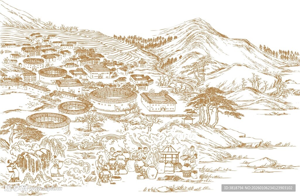 中式山水风景手绘插画