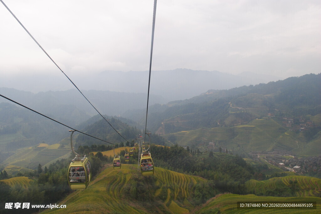 山间缆车穿梭于绿野之中