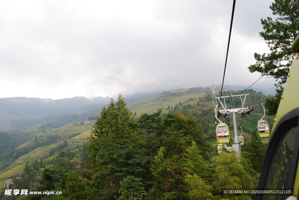 山间缆车穿梭于葱郁山林