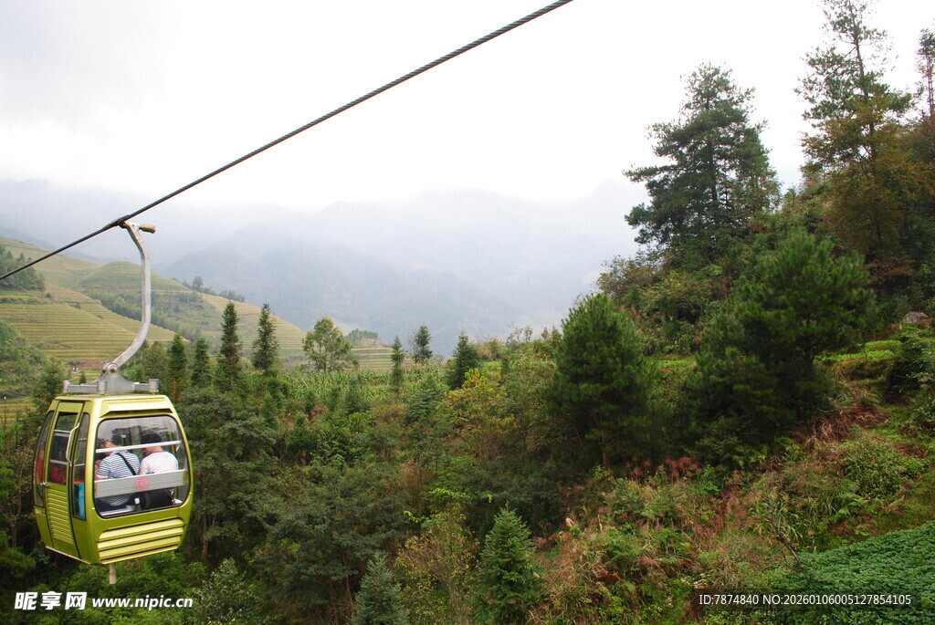 山间缆车穿梭于葱郁山林