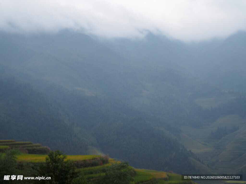 山间云雾缭绕的梯田美景