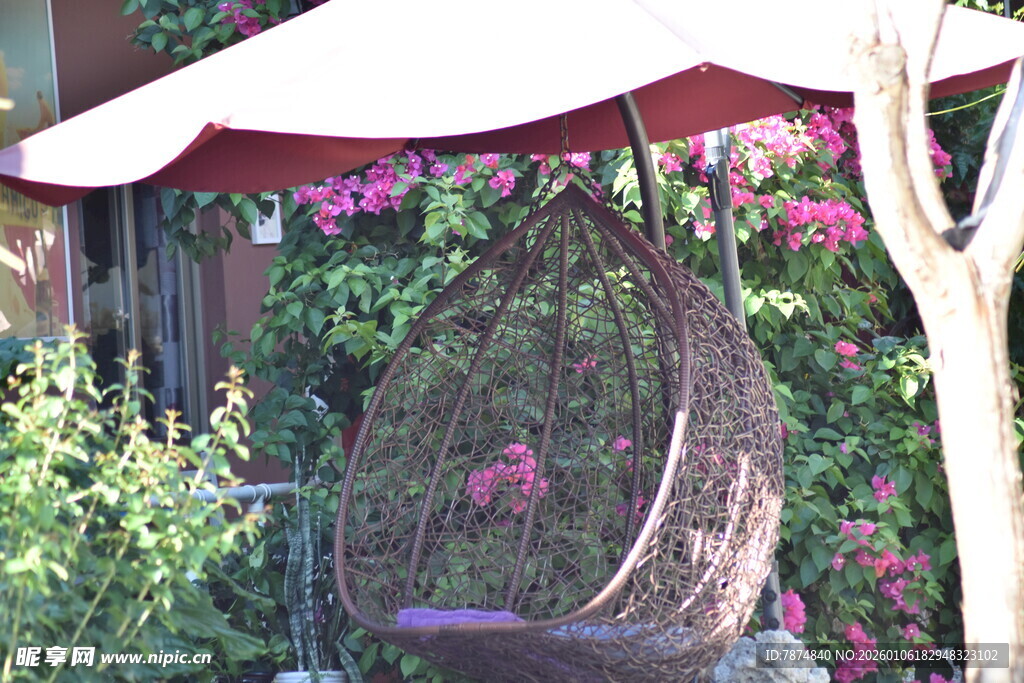 户外花园中的舒适吊椅