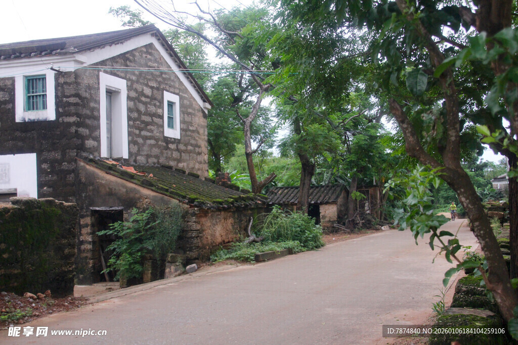 乡村路旁的古朴木质房屋