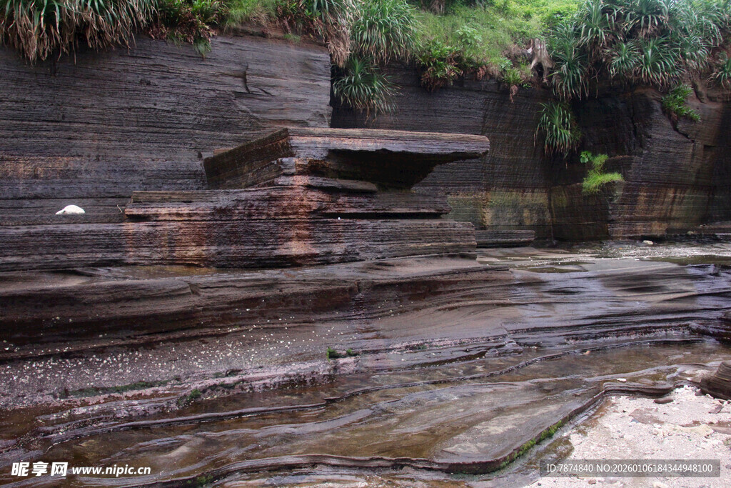 溪边层叠岩石与绿植景观