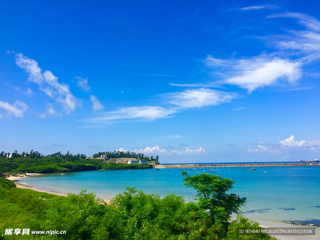 海滨美景 蓝天绿树与碧海