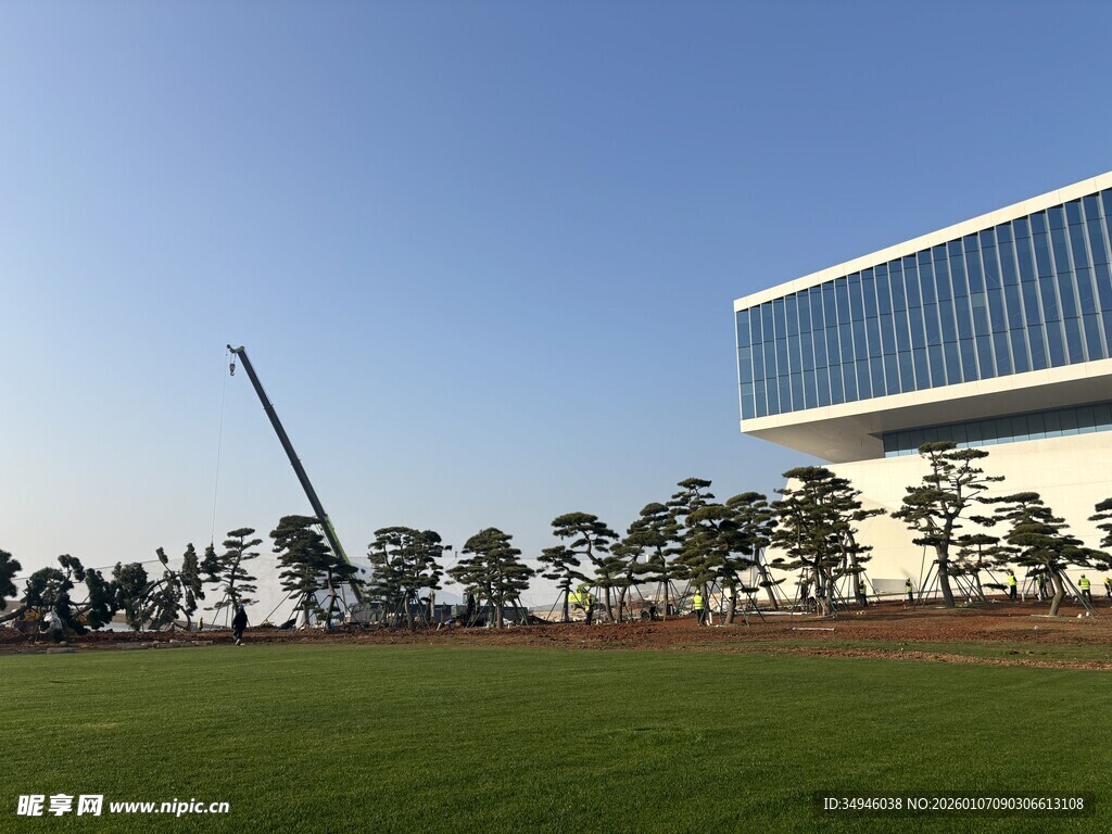 现代建筑旁的开阔绿地
