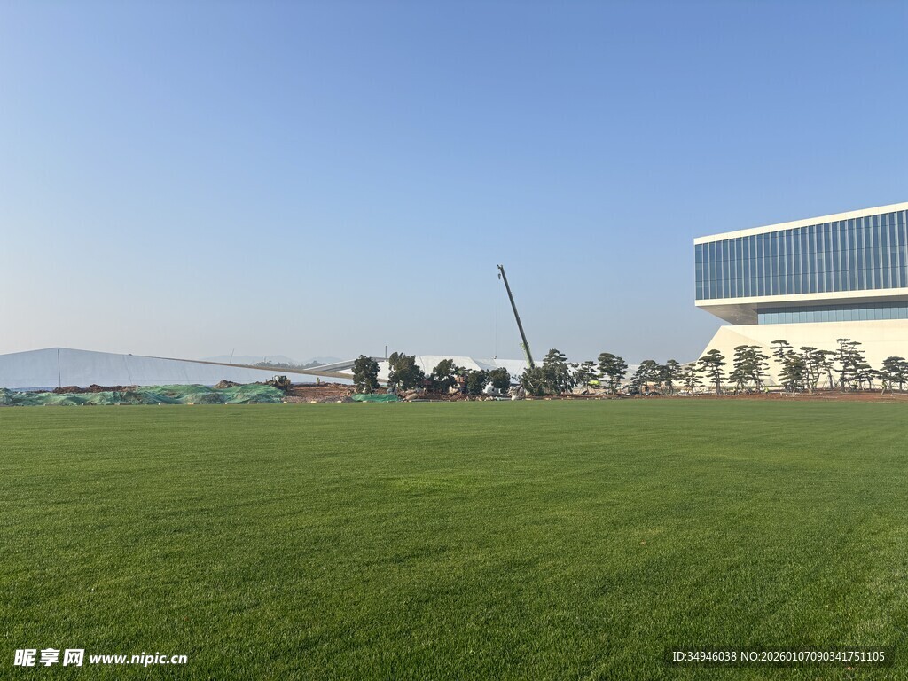 开阔绿草地旁的现代建筑