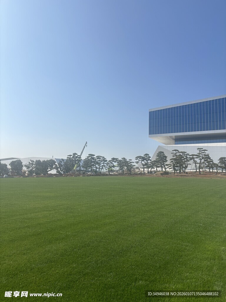 广阔绿茵场与现代建筑