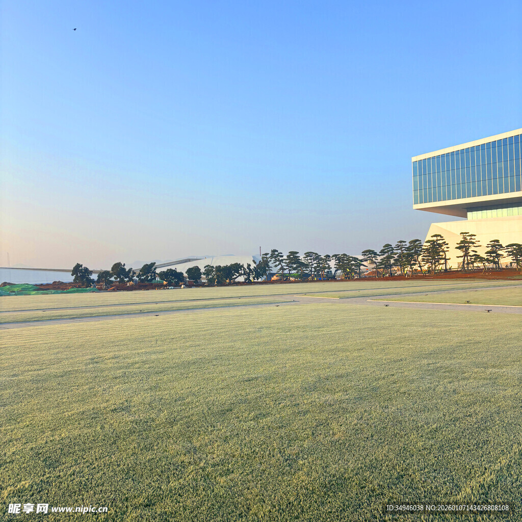 海滨草地旁的现代建筑