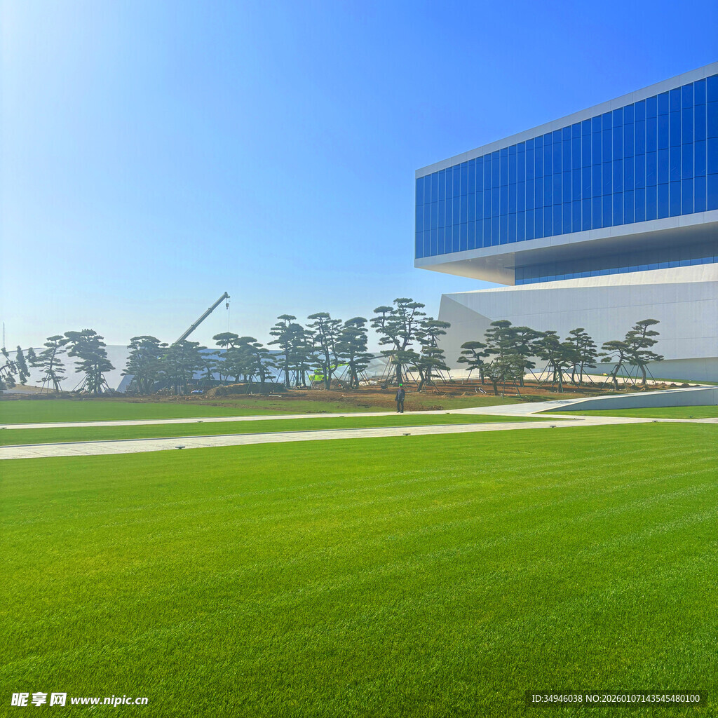 现代建筑旁的翠绿草坪
