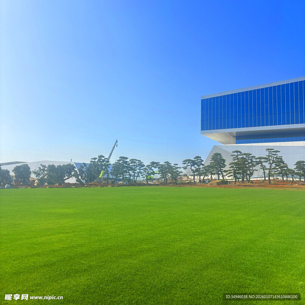 现代建筑旁的翠绿大草坪
