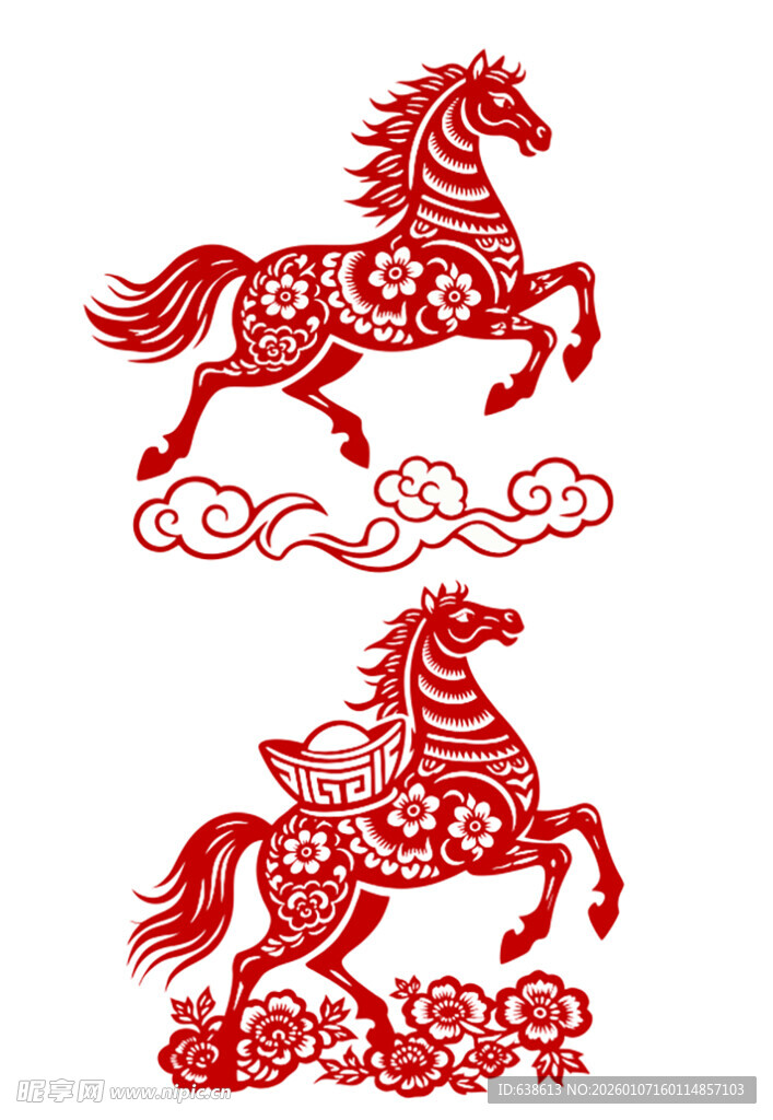 中国风双马剪纸 灵动跃然纸上 