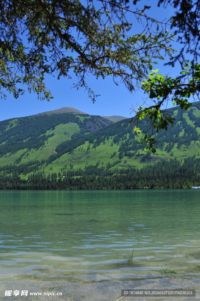 湖畔青山绿树自然风光