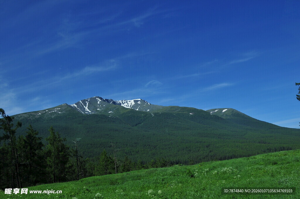 青山绿野间的巍峨雪山