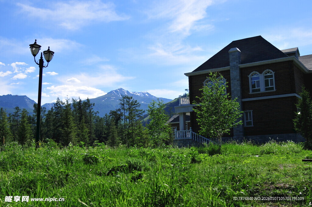 草地旁的山间精致住宅