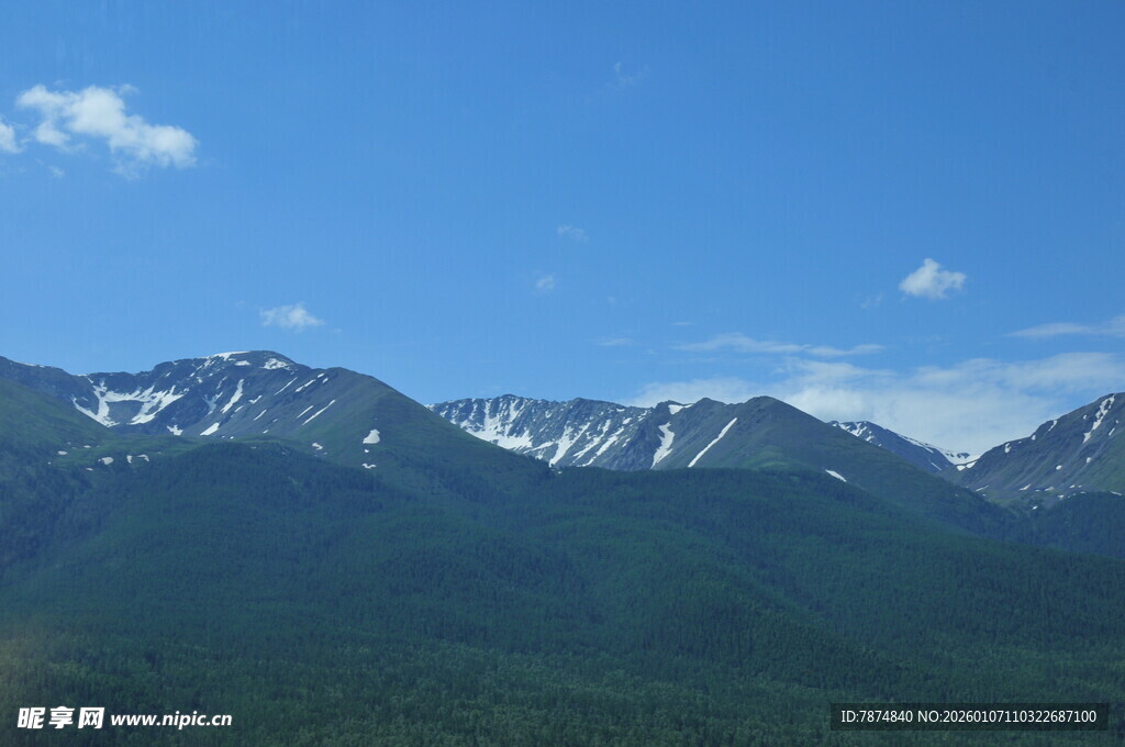 壮丽雪山与葱郁山林景观