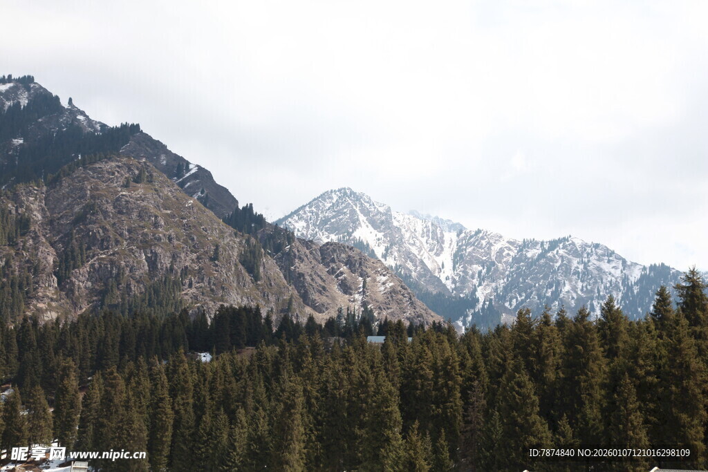 山林间的巍峨雪山景色