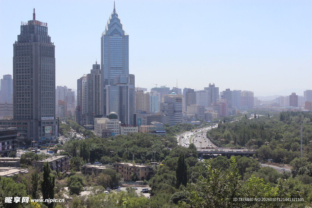 城市天际线与葱郁绿植
