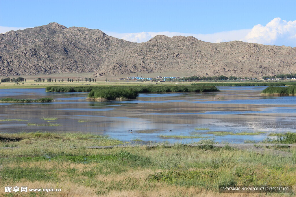 湖畔草原与远山美景