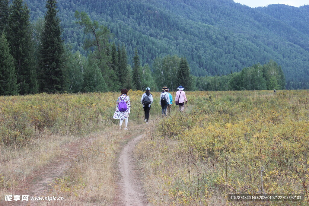 徒步者穿行于山野小径