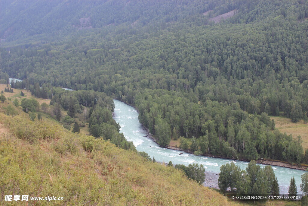 山间蜿蜒河流与葱郁植被
