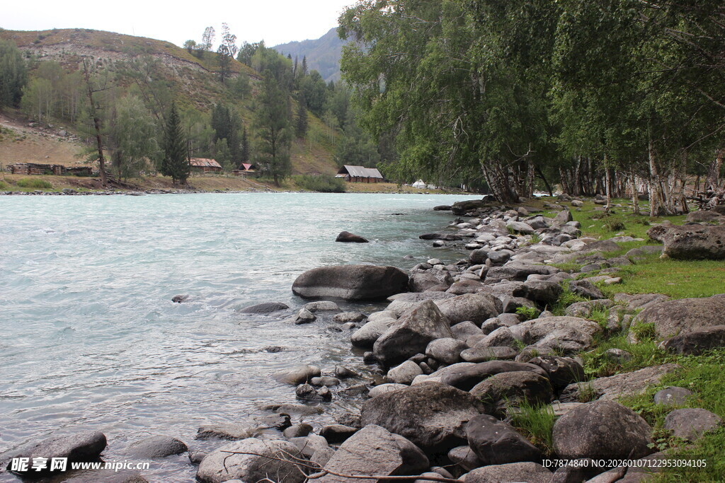 湖畔岩石与葱郁树木景观
