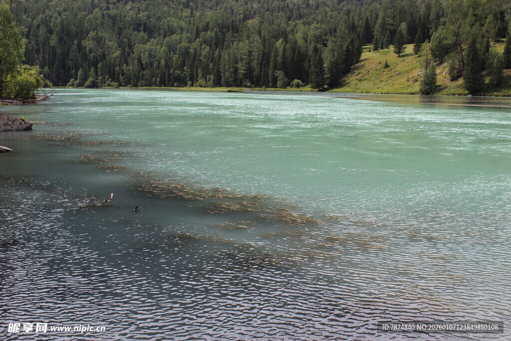 清澈碧绿的山间河流景色
