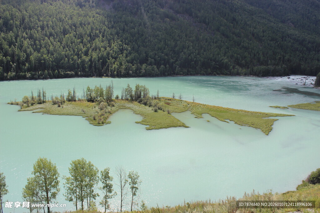 山间碧湖中的绿意小岛