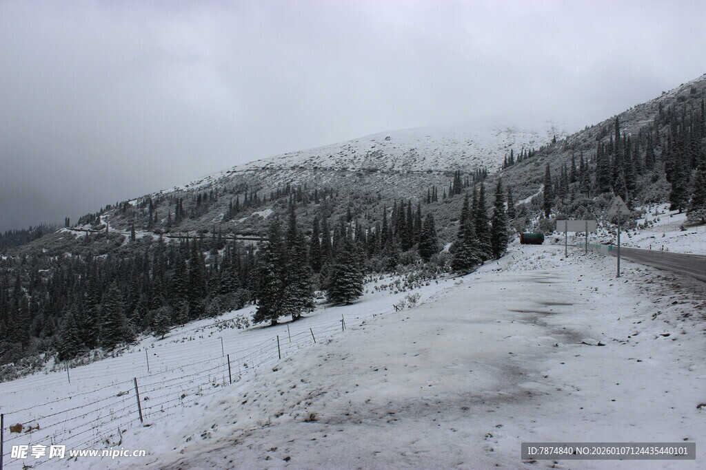 冬日雪山下的蜿蜒雪路