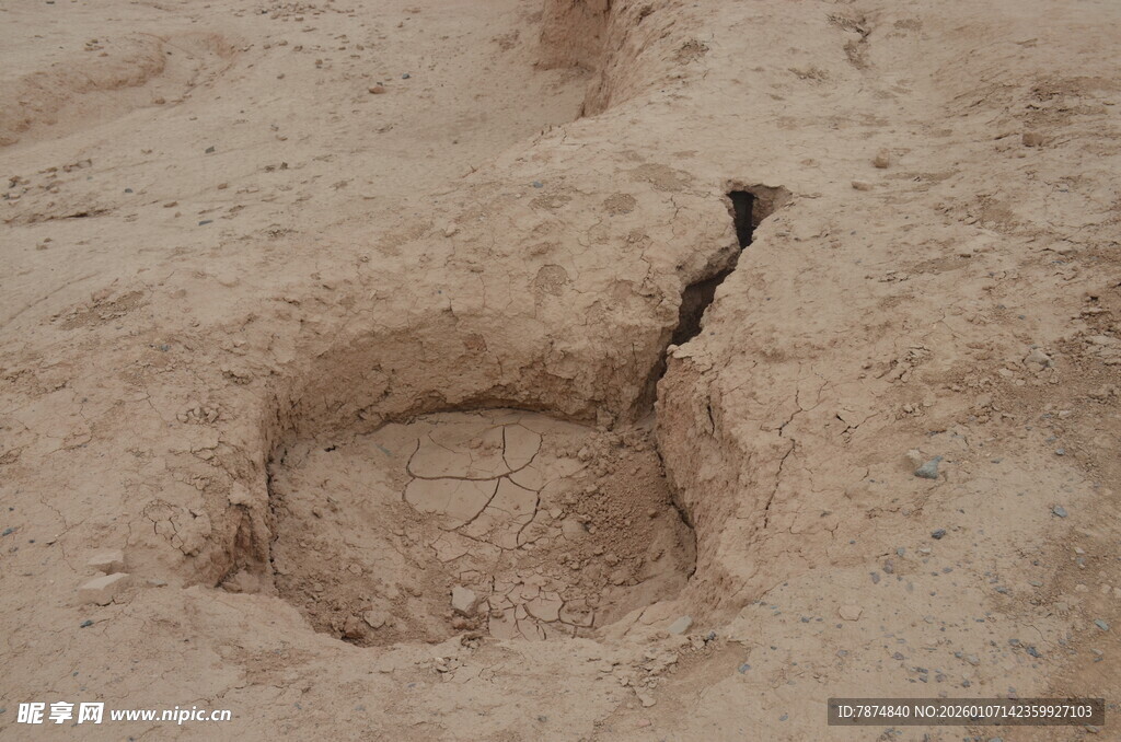 干裂土地上的圆形凹陷