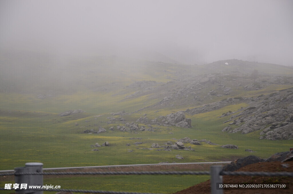 雾中朦胧的山间牧场