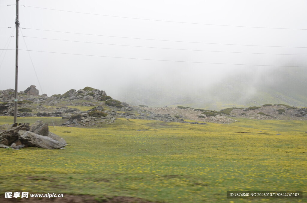 雾中草地与远山景色