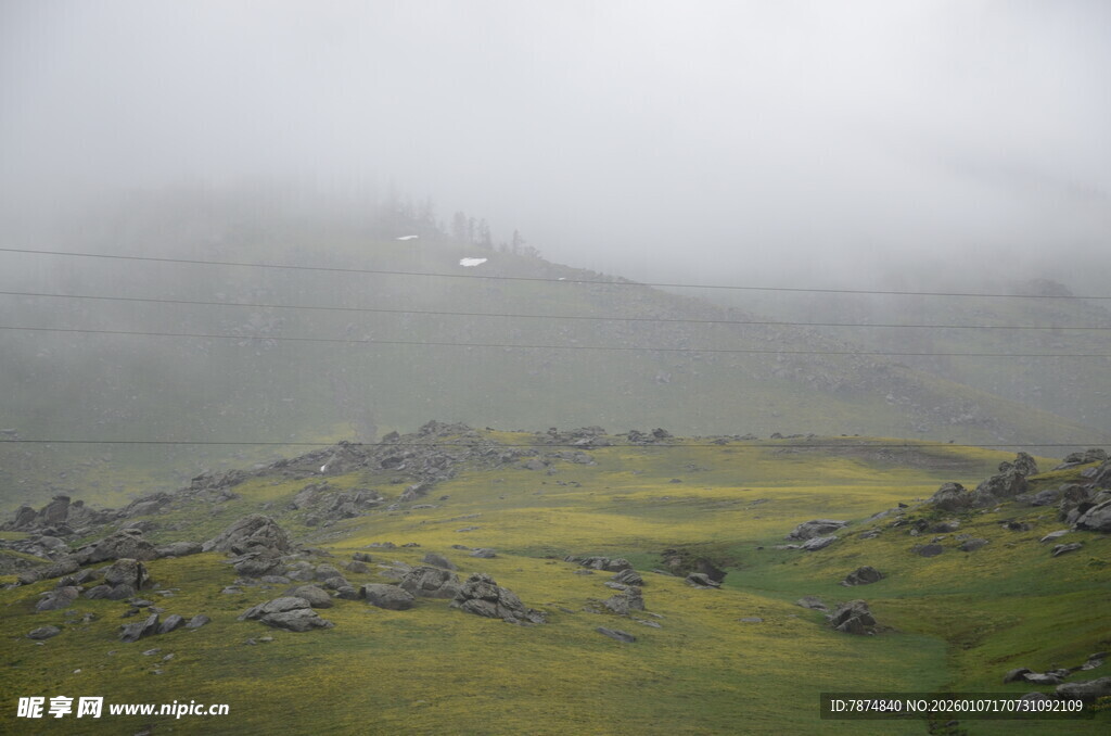 山间雾霭中的绿野风光