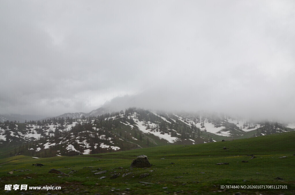 云雾缭绕的雪山草地