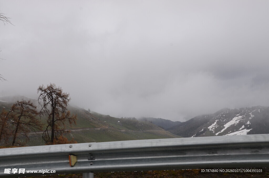 阴天公路旁的山林景色
