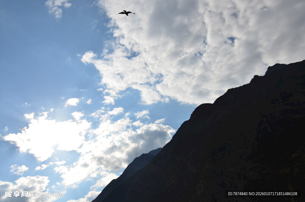蓝天山峦间的飞鸟