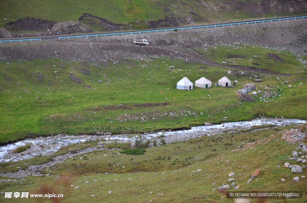 草原溪流边的羊群