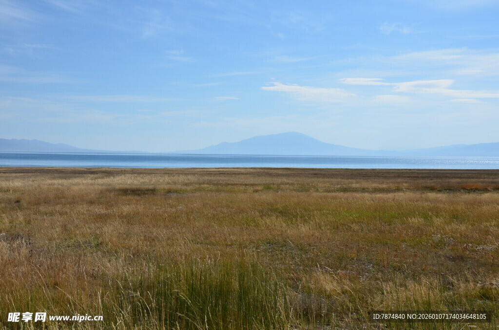 广袤草原与远处蓝天山脉