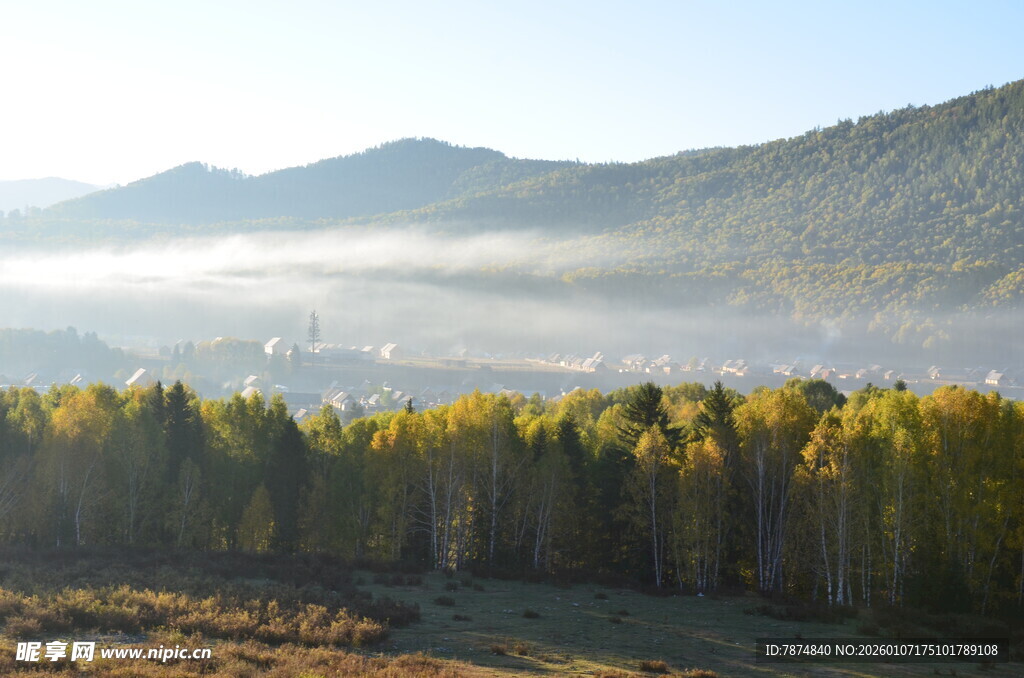 秋日山林晨雾美景